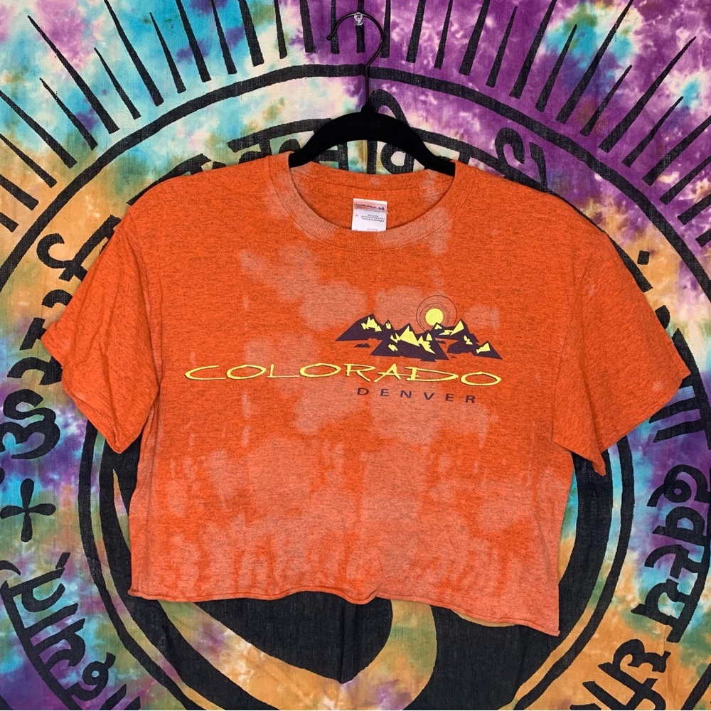 Denver Colorado Bleach Dyed Crop Top OOAK Rainbow Soul Remix Size S Orange